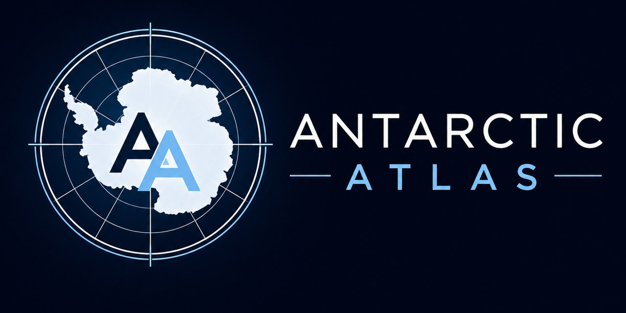 Antarctic Atlas wordmark beside an Antarctic map framed by latitude and longitude lines